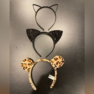 3 Pc Cat Ear Headband Lot: Leopard Print Fleece, Black Rhinestone, Black Plastic
